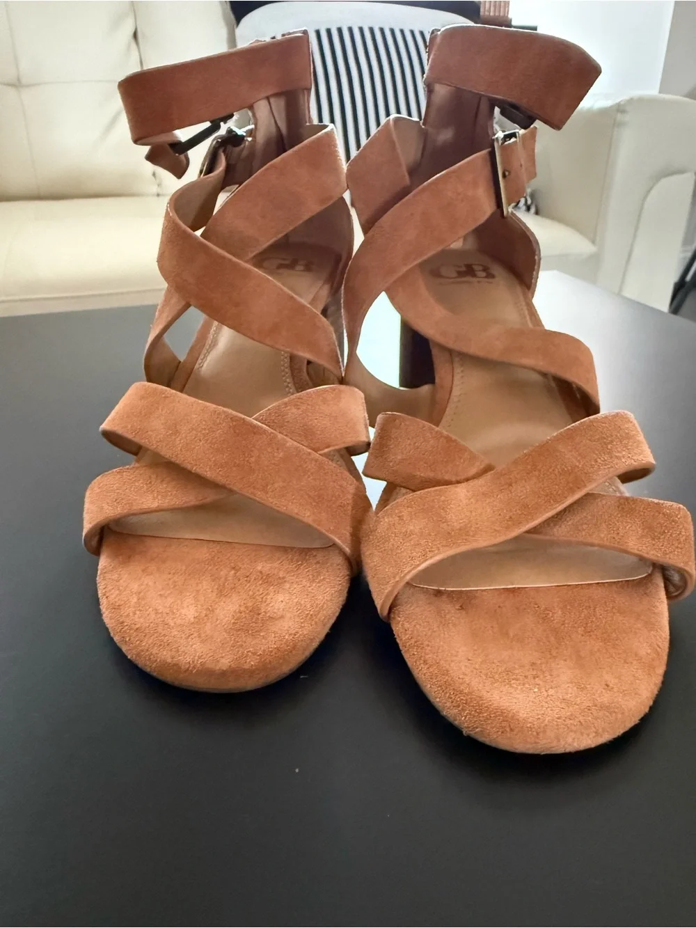 Gianni Bini Cognac Suede Crisscross Ankle-Strap Block Heel Sandals